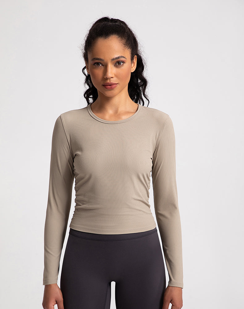 Sides Pleated Ribbed Long Sleeve Yoga Top