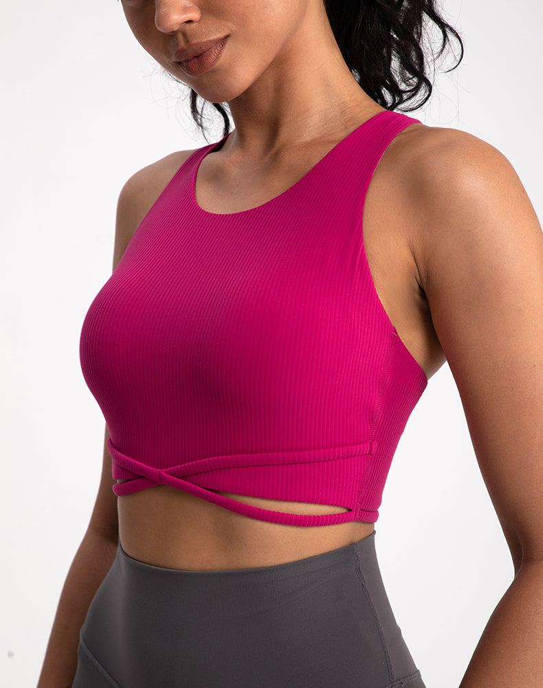 Front X-Cross Striped Fabric Yoga Bra