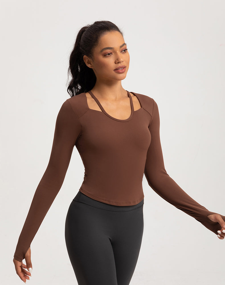 Neck Double Strap Long Sleeve Yoga Top