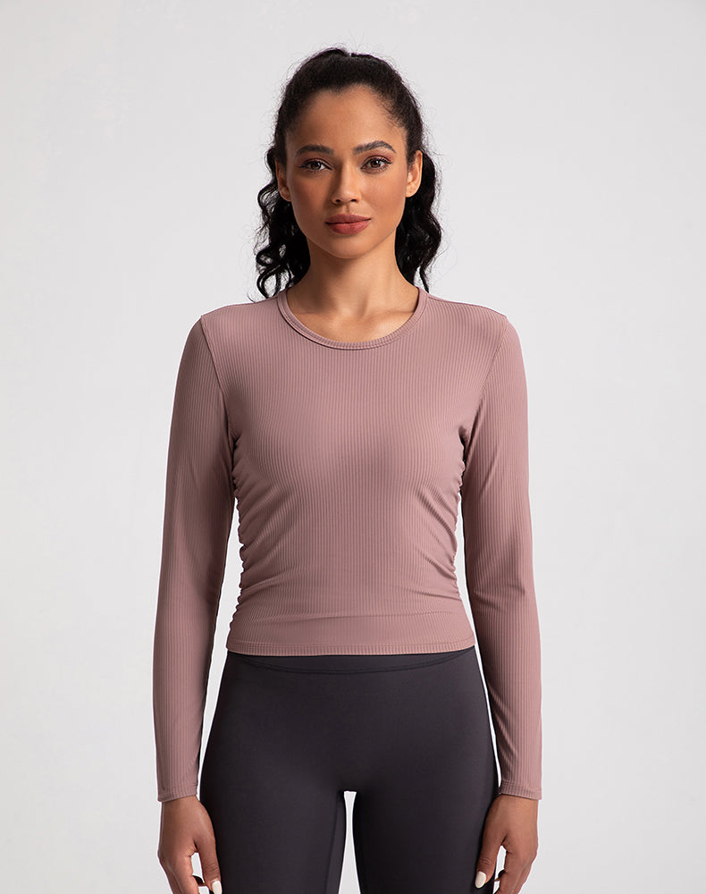 Sides Pleated Ribbed Long Sleeve Yoga Top