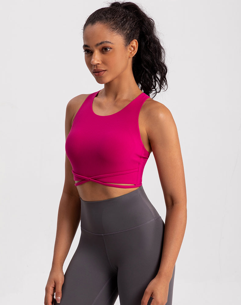 Front X-Cross Striped Fabric Yoga Bra