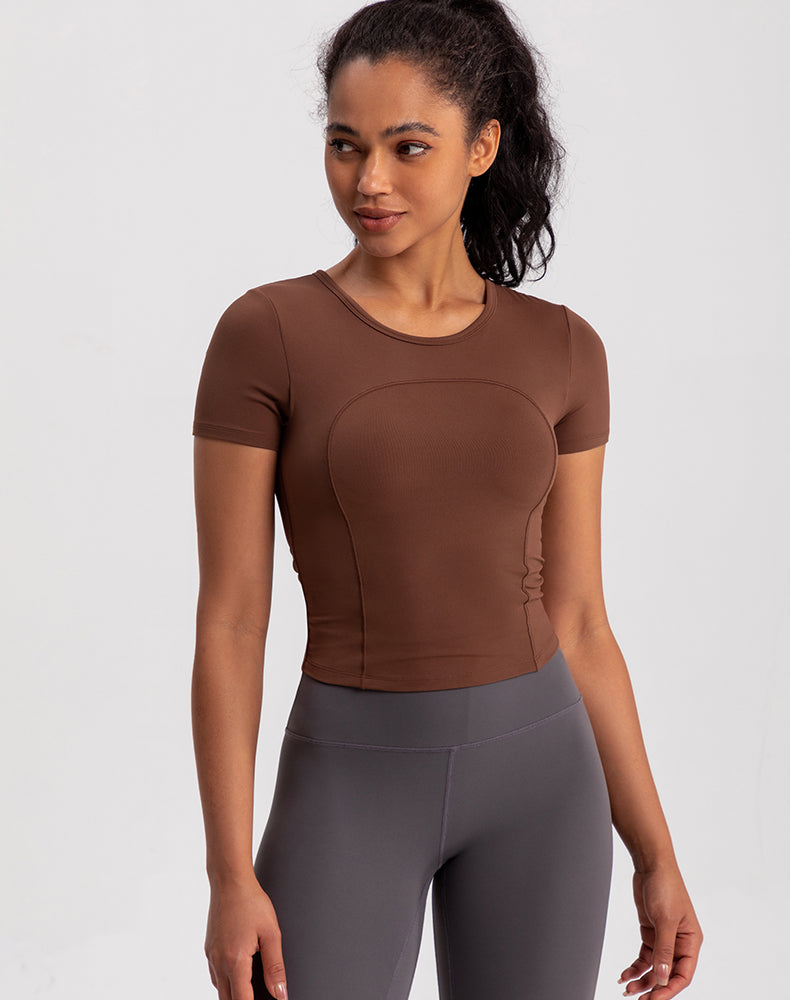 Small Crew Neck Built-in Bra Short Sleeve Yoga Top