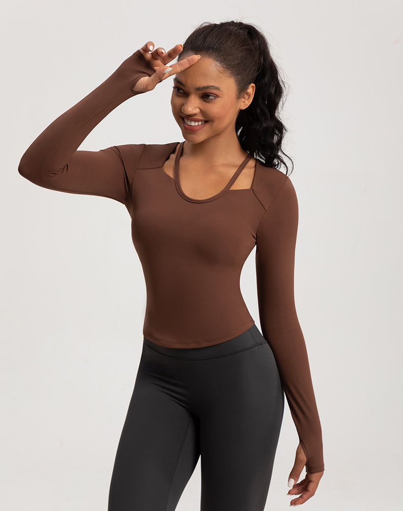 Neck Double Strap Long Sleeve Yoga Top