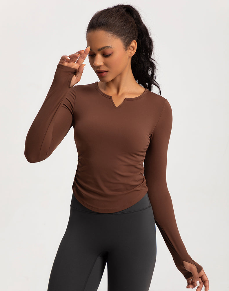 V-Neck Sides Pleated Long Sleeve Yoga Top