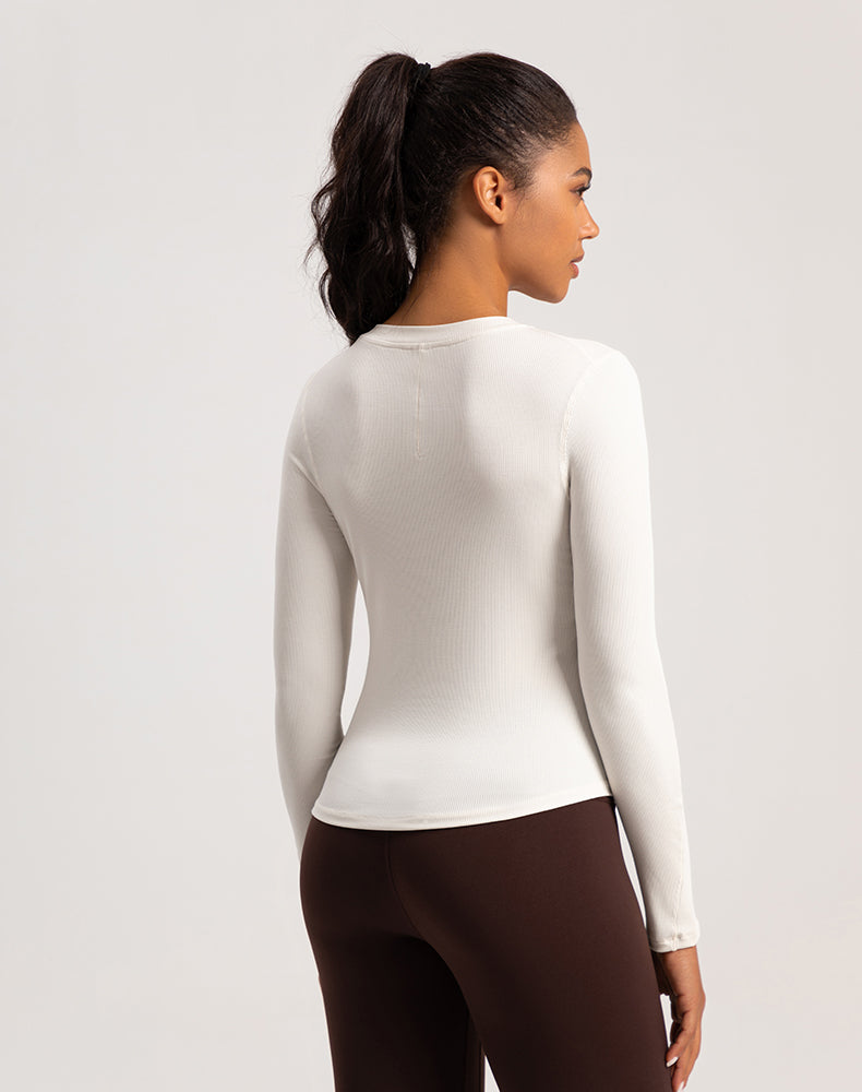 Button V-Neck Round Hem Long Sleeve Yoga Top