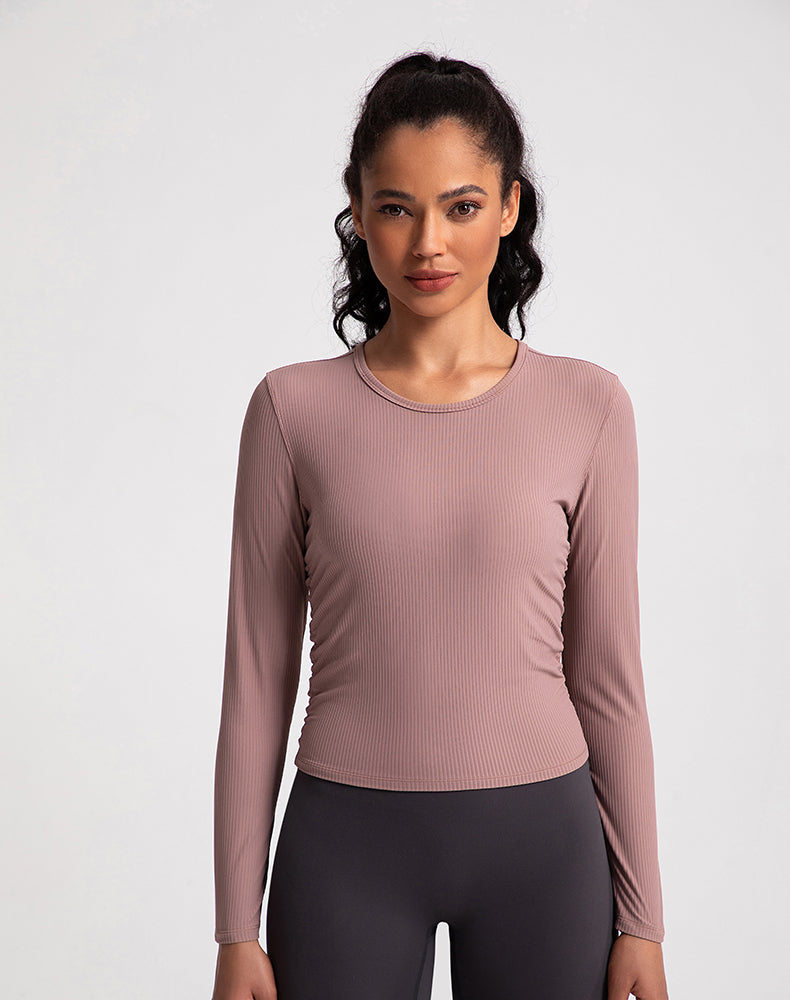 Sides Pleated Ribbed Long Sleeve Yoga Top