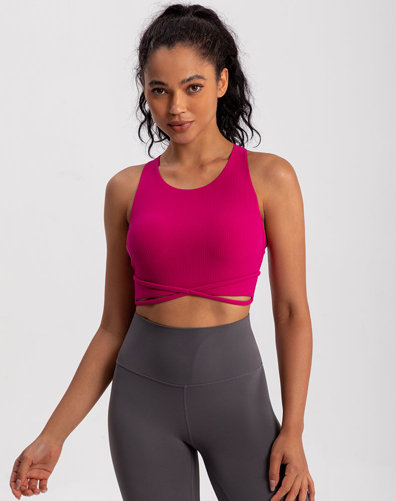 Front X-Cross Striped Fabric Yoga Bra