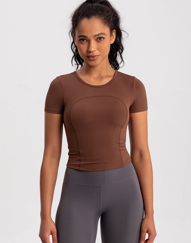 Small Crew Neck Built-in Bra Short Sleeve Yoga Top