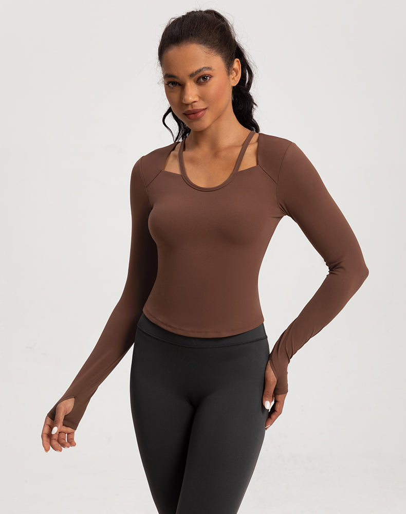 Neck Double Strap Long Sleeve Yoga Top