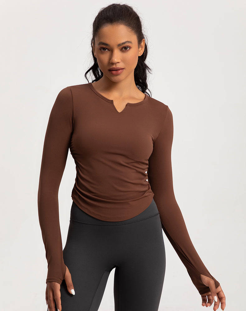 V-Neck Sides Pleated Long Sleeve Yoga Top