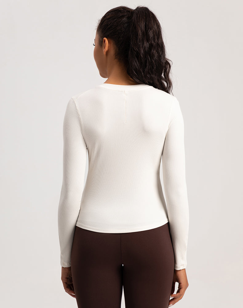 Button V-Neck Round Hem Long Sleeve Yoga Top