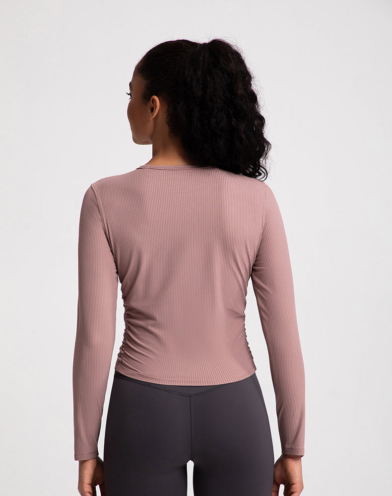 Sides Pleated Ribbed Long Sleeve Yoga Top