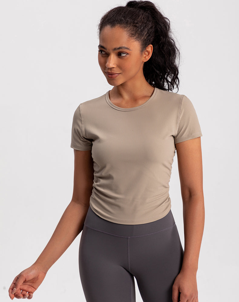 Side Pleated Ribbed Short Sleeve Yoga Top