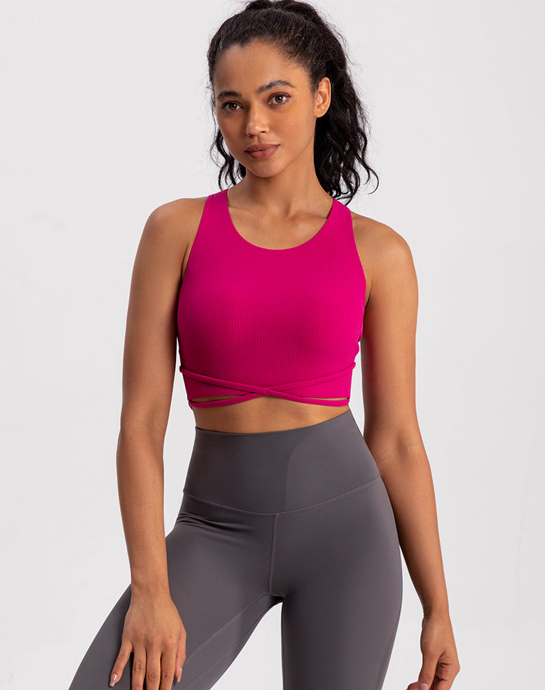 Front X-Cross Striped Fabric Yoga Bra