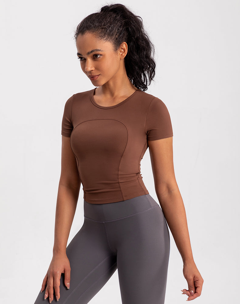 Small Crew Neck Built-in Bra Short Sleeve Yoga Top