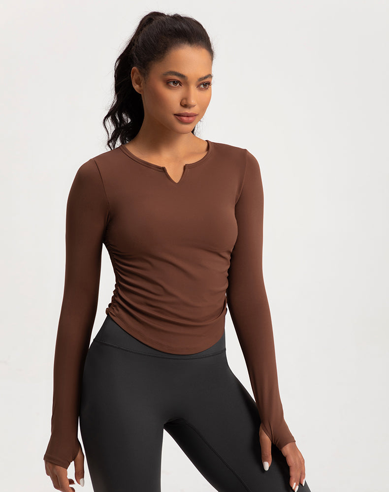 V-Neck Sides Pleated Long Sleeve Yoga Top