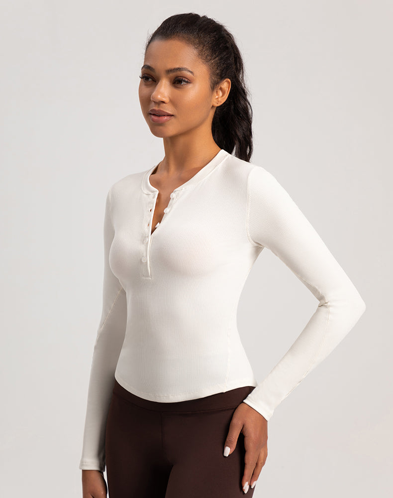 Button V-Neck Round Hem Long Sleeve Yoga Top