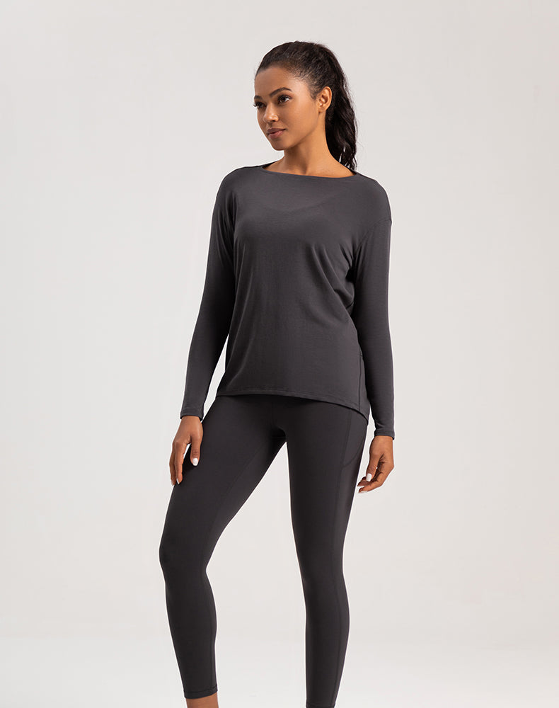 Off-Shoulder Loose Fit Long Sleeve Yoga Top