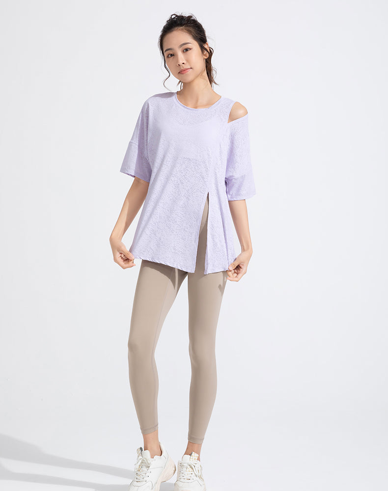 Front Slit Jacquard Short Sleeve Yoga Top