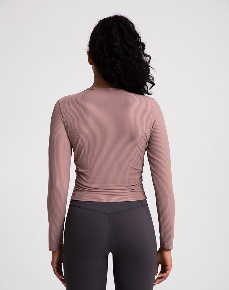 Sides Pleated Ribbed Long Sleeve Yoga Top