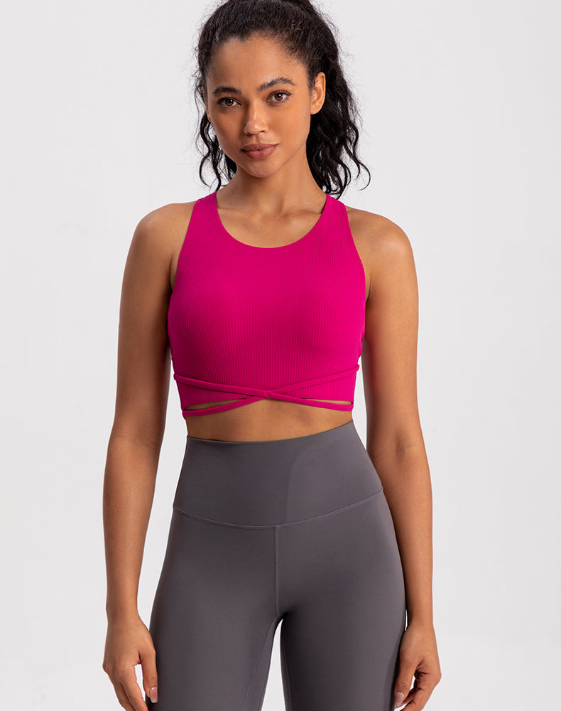 Front X-Cross Striped Fabric Yoga Bra