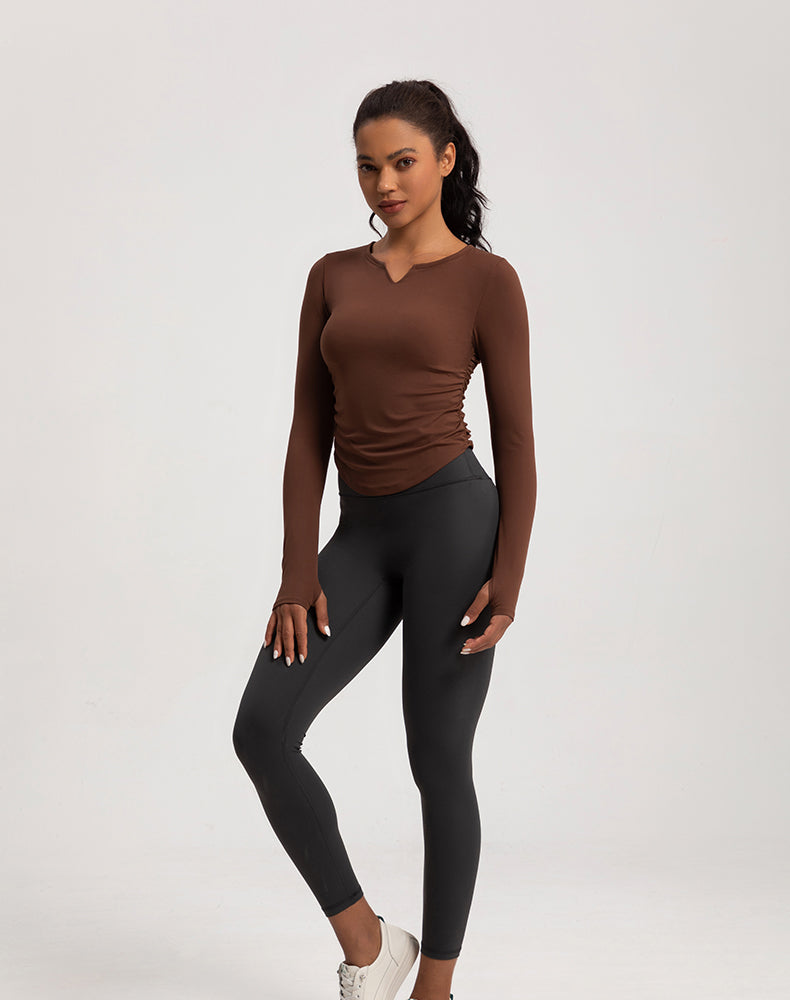 V-Neck Sides Pleated Long Sleeve Yoga Top