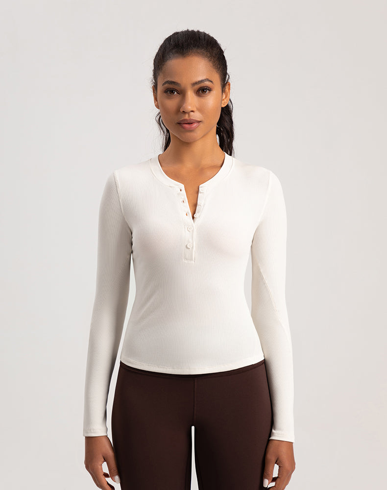 Button V-Neck Round Hem Long Sleeve Yoga Top