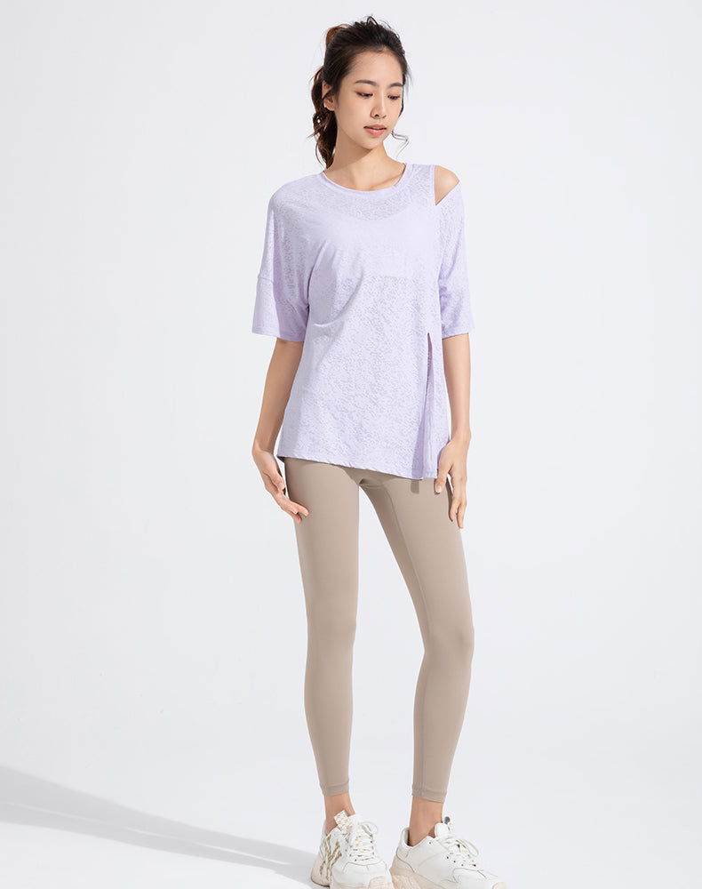 Front Slit Jacquard Short Sleeve Yoga Top