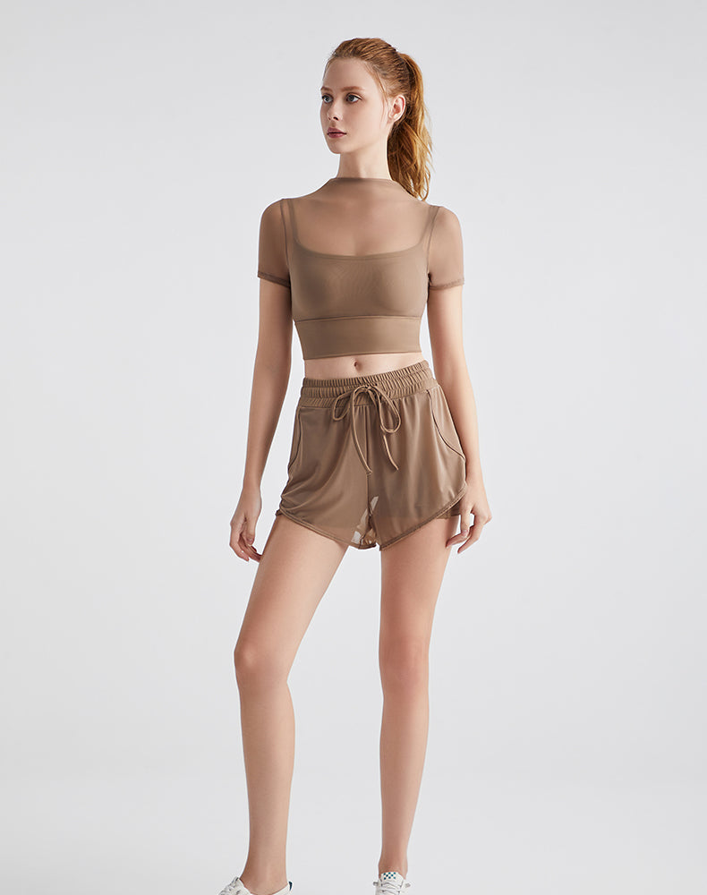 Mesh Faux Two-Layers Yoga Shorts