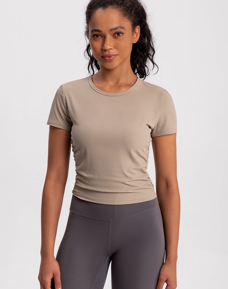 Side Pleated Ribbed Short Sleeve Yoga Top