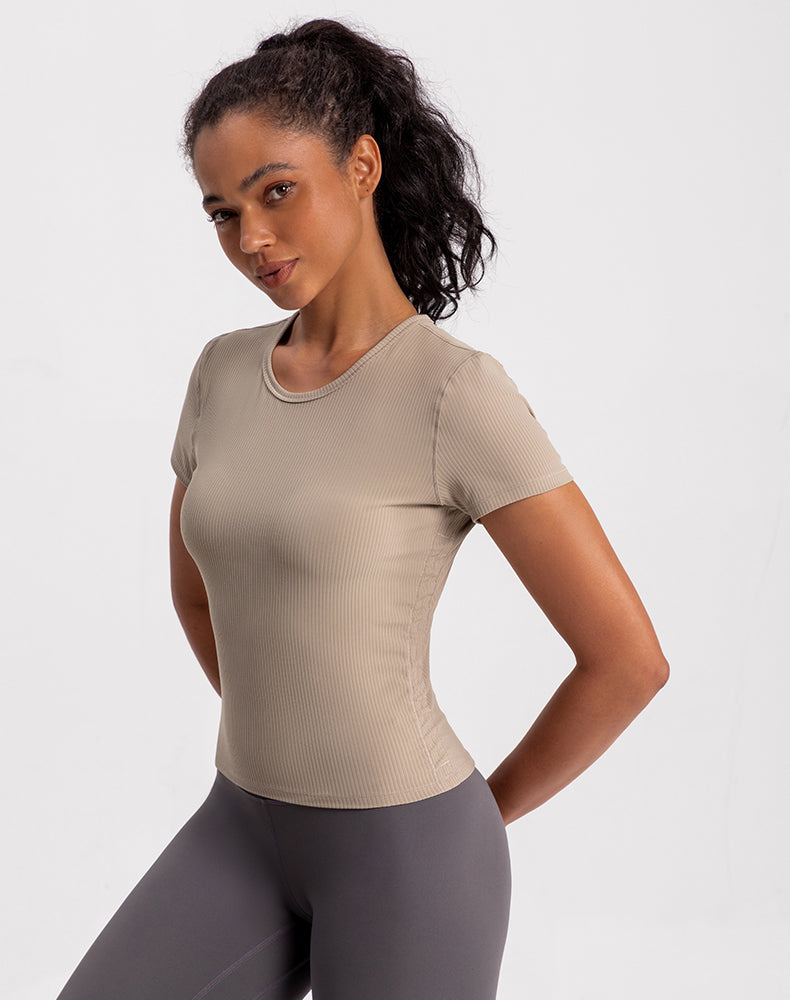 Side Pleated Ribbed Short Sleeve Yoga Top