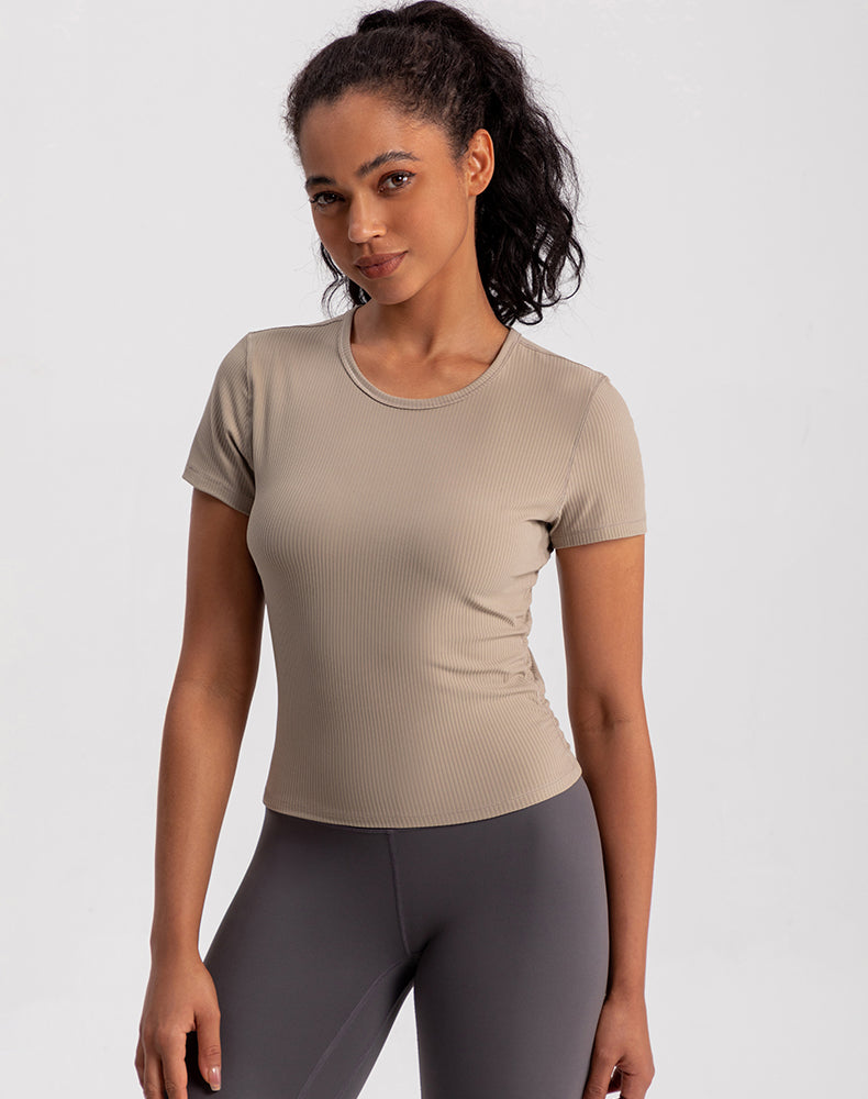 Side Pleated Ribbed Short Sleeve Yoga Top