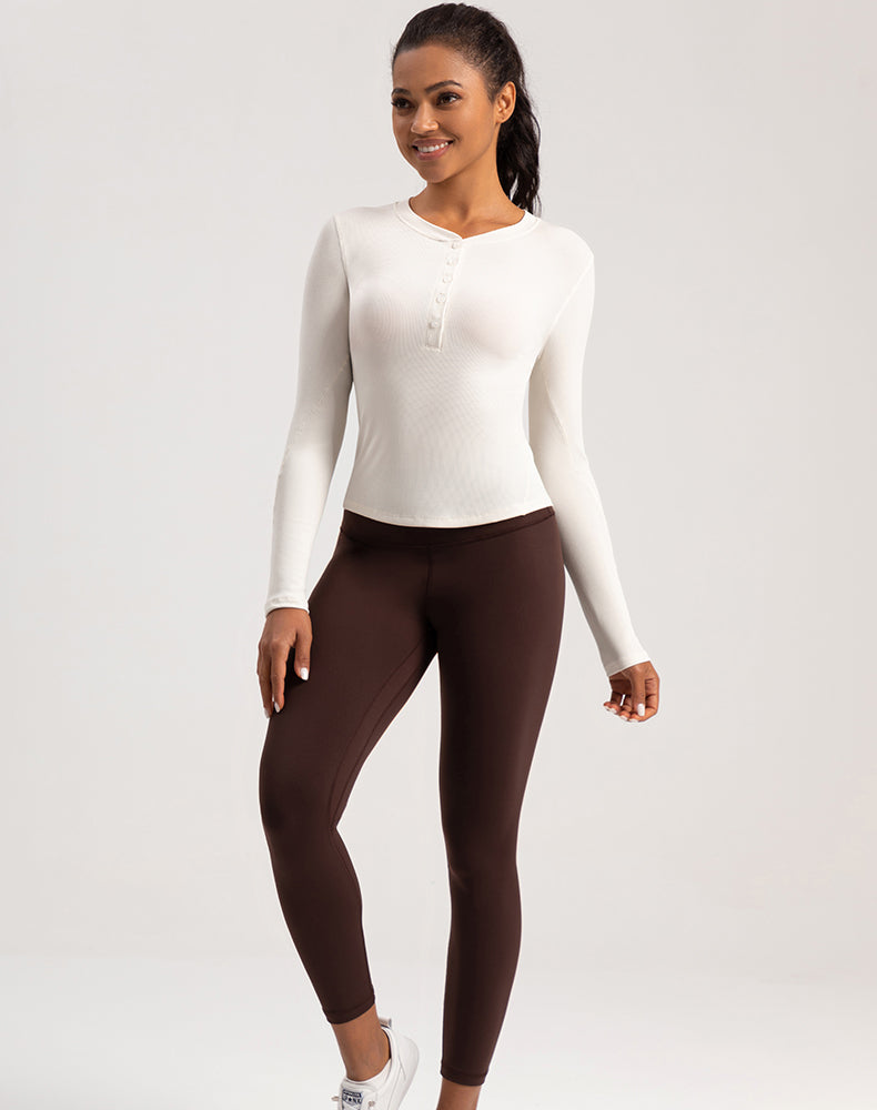 Button V-Neck Round Hem Long Sleeve Yoga Top