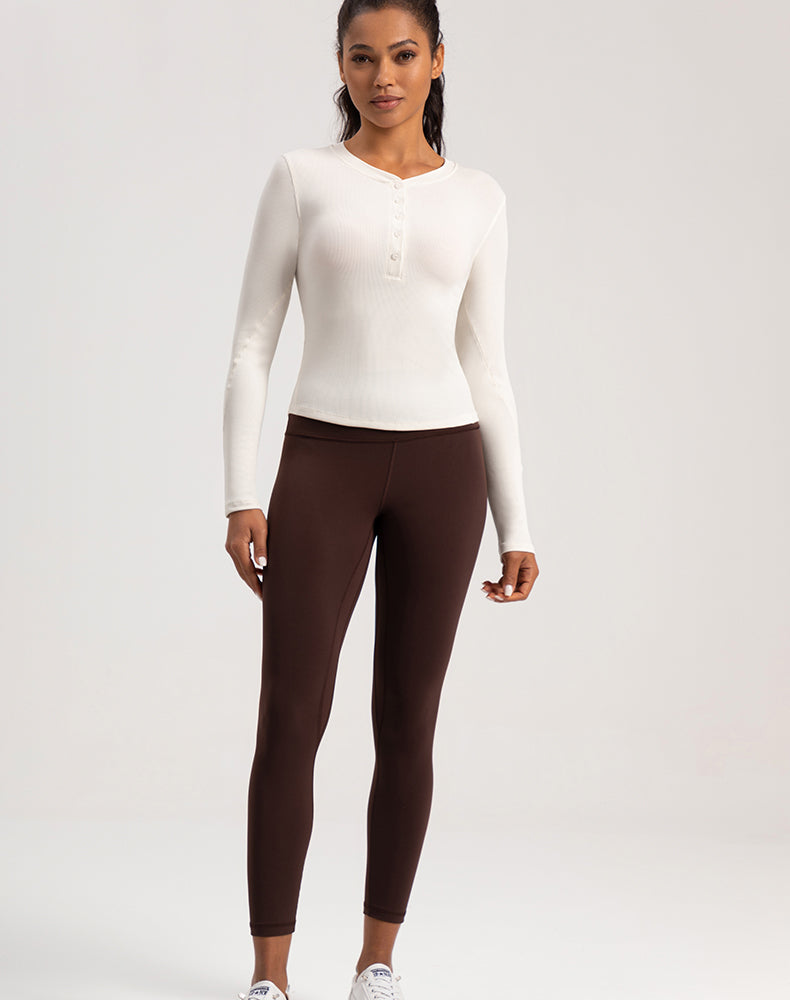 Button V-Neck Round Hem Long Sleeve Yoga Top