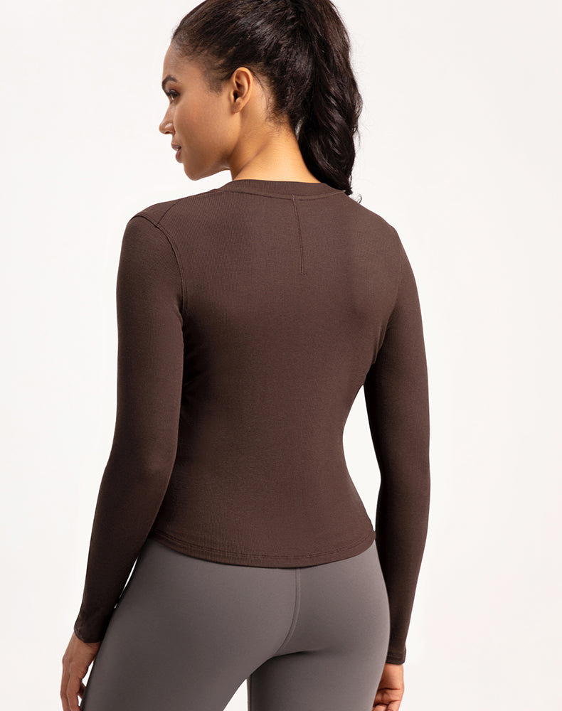 Button V-Neck Round Hem Long Sleeve Yoga Top